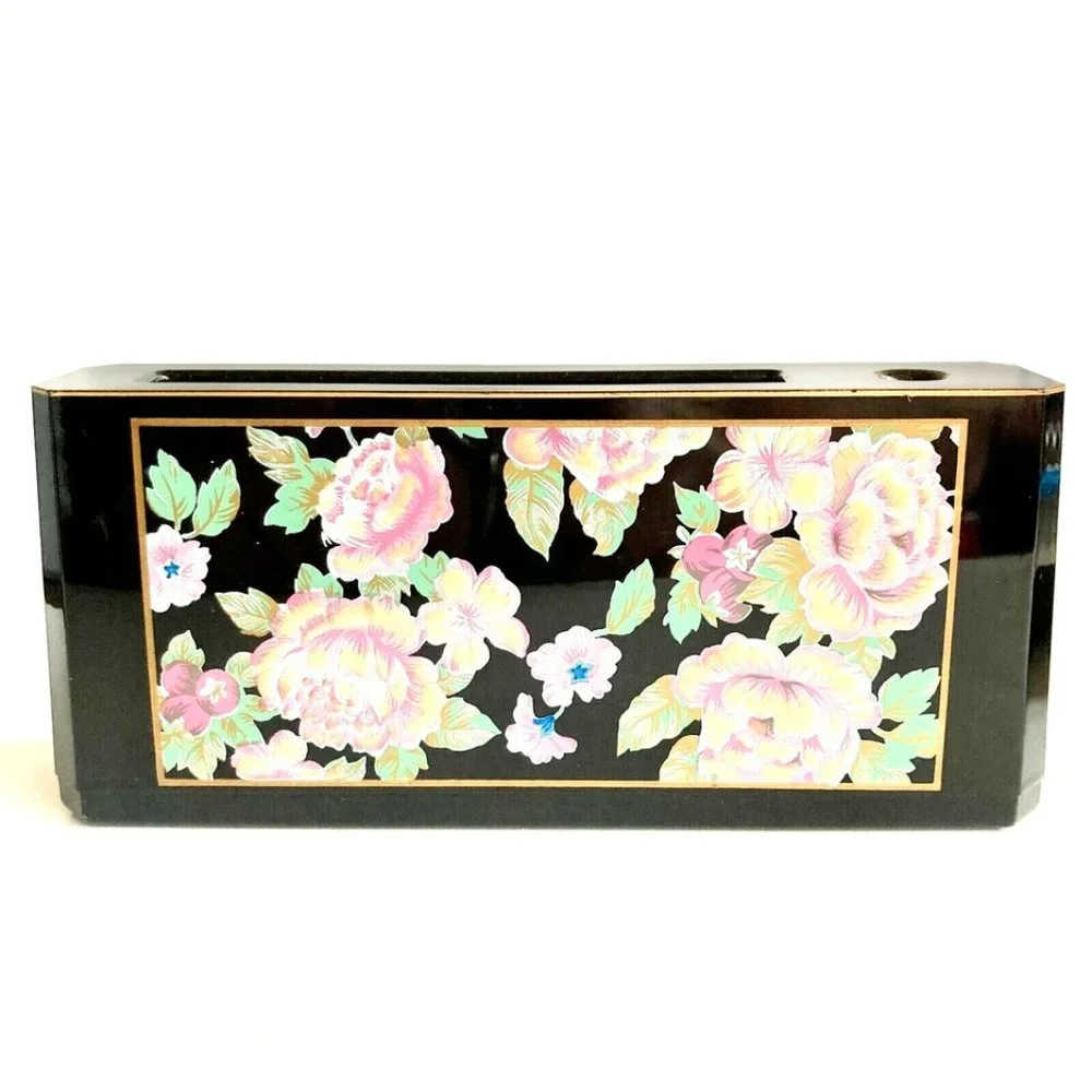 Vintage Otagiri Black Lacquer Peony Flower Pen Pencil Paper Holder Desk Set